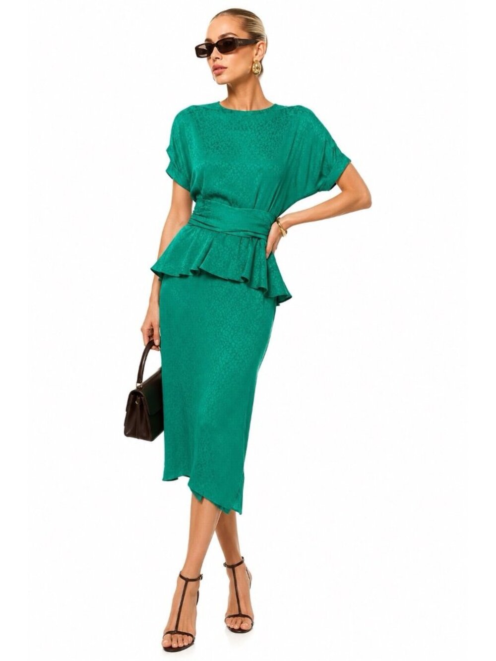 vintage 80s ARGENTI peplum silk dress green XS midi office siren corporate chic